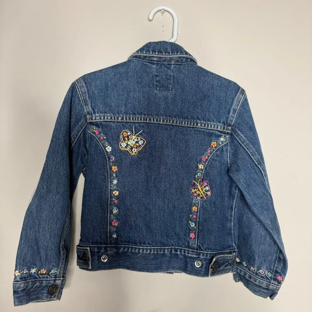 Gap Girls Embroidered Jean Jacket XS Denim Blue Collared Floral Butterfly Y2K